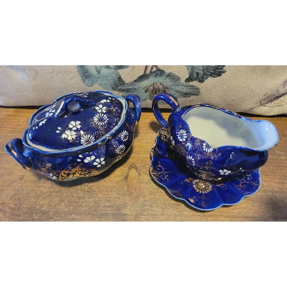 Chrysanthemum Cobalt Blue Porcelain Creamer & Sugar Set – Gold Accents
